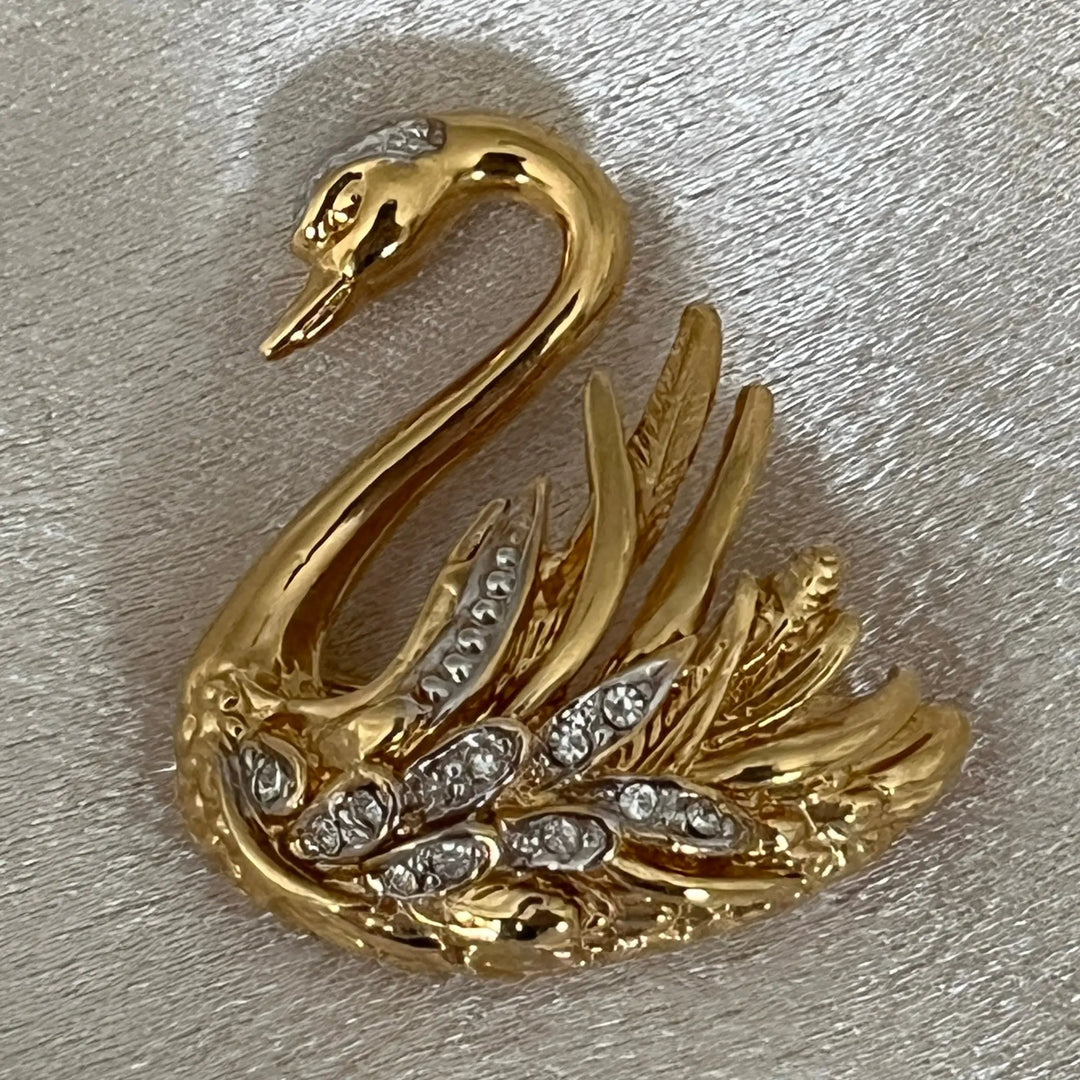 Gold swan vintage signed marvella clear rhinestones à Clef