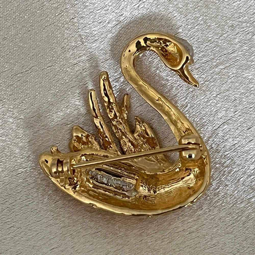 Gold swan vintage signed marvella clear rhinestones à Clef