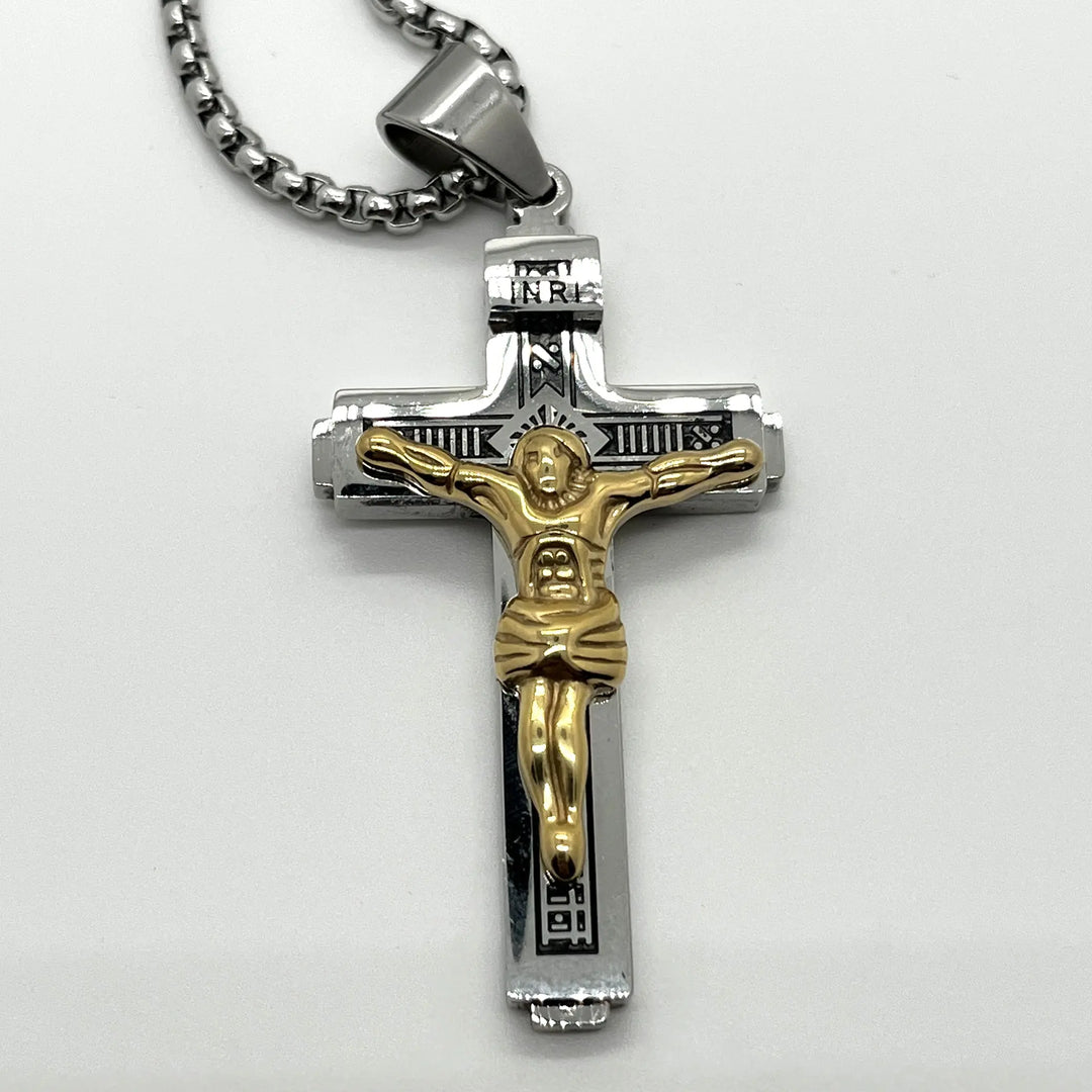 Large Crucifix - Stainless Steel Silver & Gold à Clef