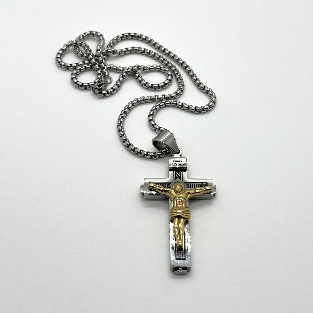 Large Crucifix - Stainless Steel Silver & Gold à Clef