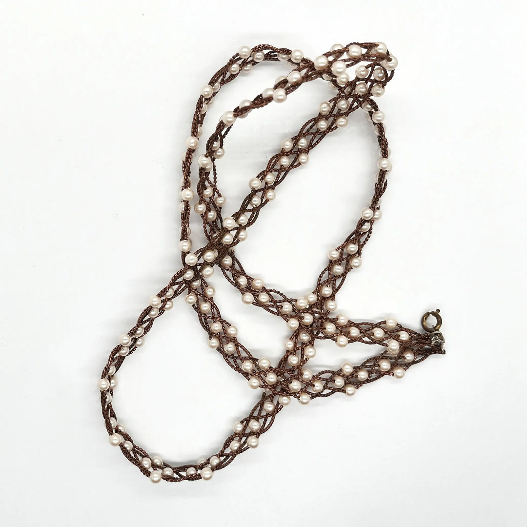 Faux Pearl and Copper Braided Chain Vintage Necklace à Clef