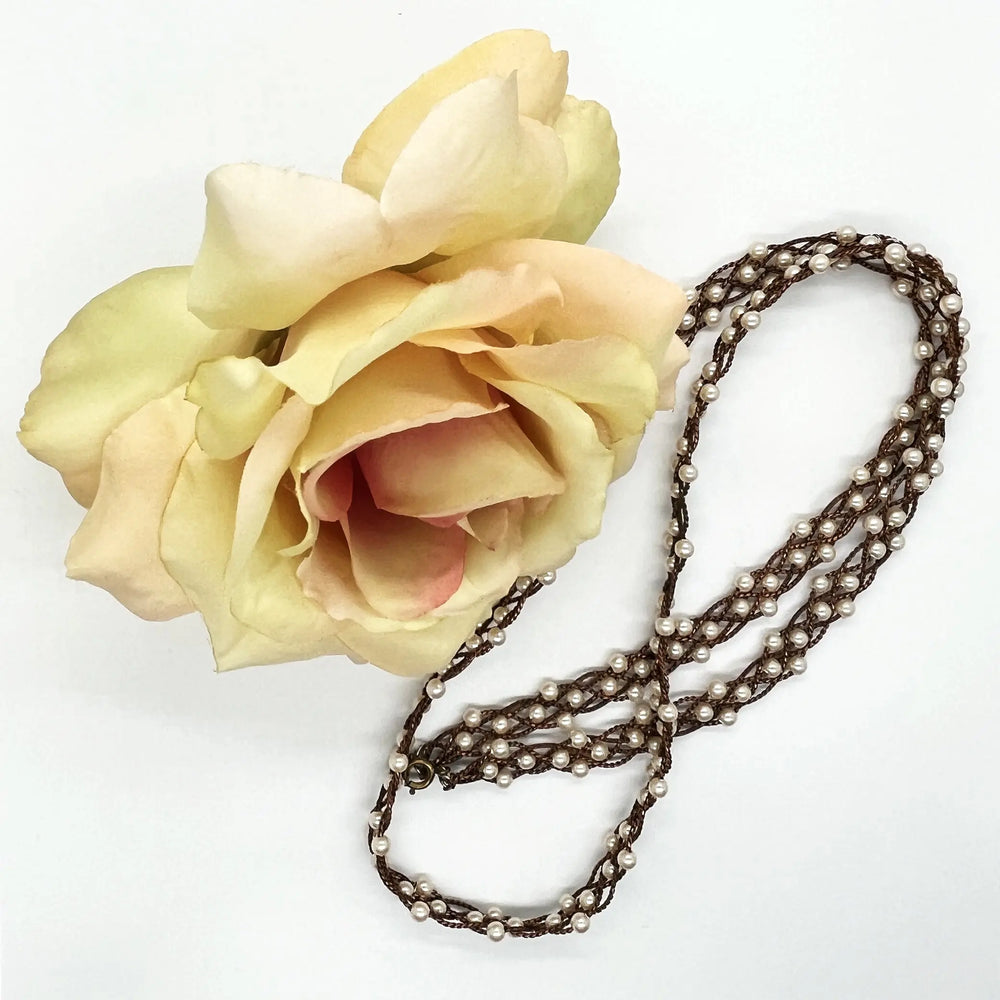 Faux Pearl and Copper Braided Chain Vintage Necklace à Clef
