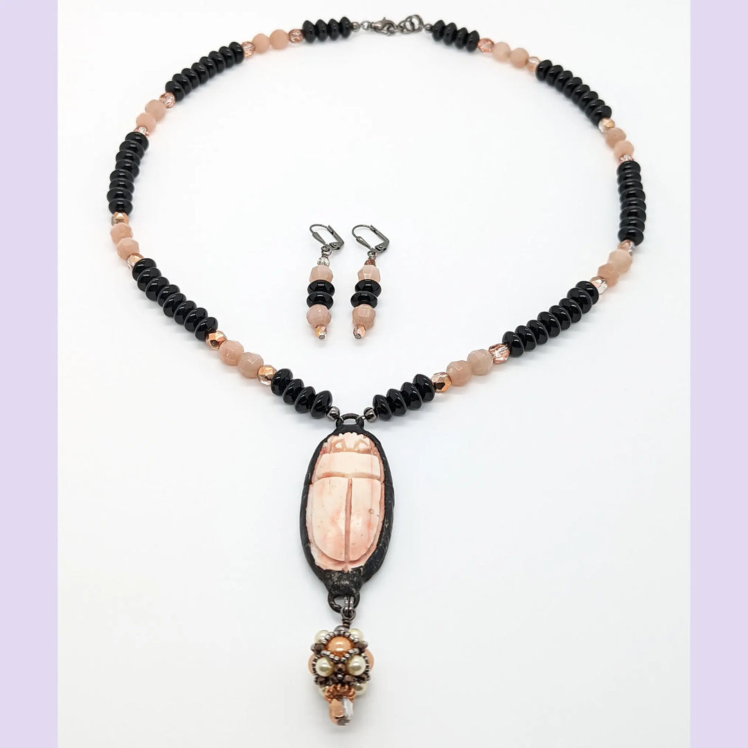 Milky Pink and Black Scarab Necklace à Clef