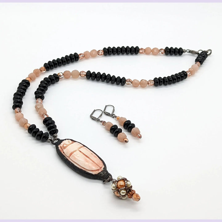 Milky Pink and Black Scarab Necklace à Clef