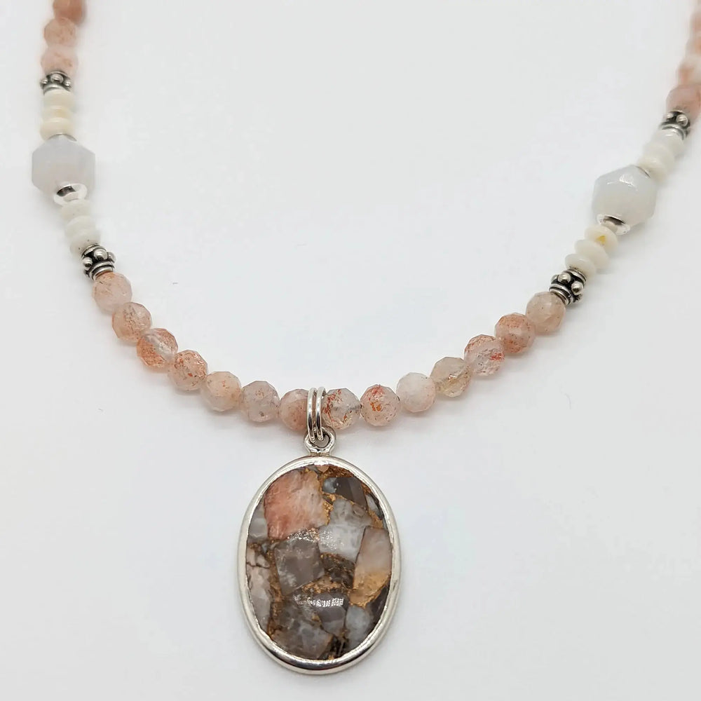 Mother of Pearl, Sunstone, and Coral Pendant Necklace à Clef