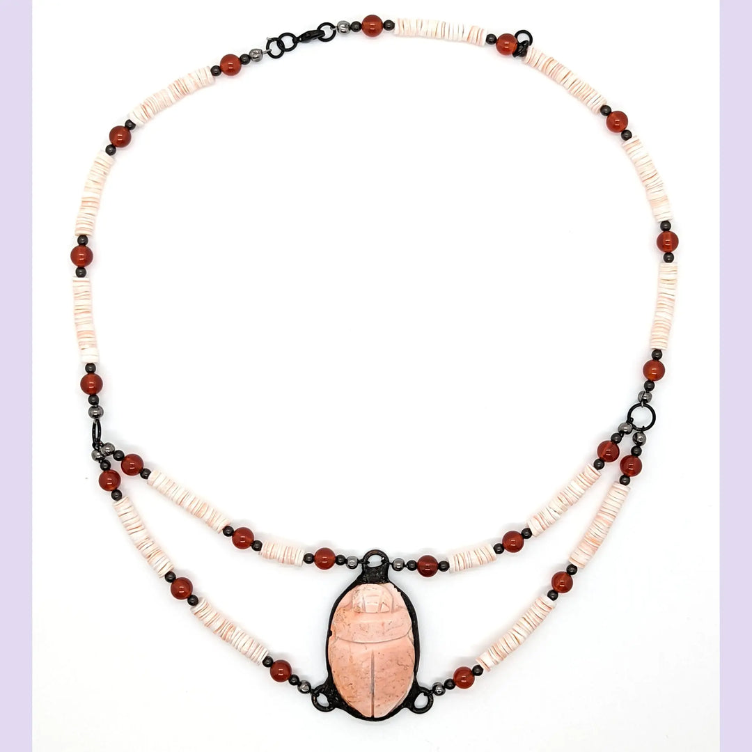 Pink Shell and Carnelian Collar Necklace with Central Clay Scarab à Clef