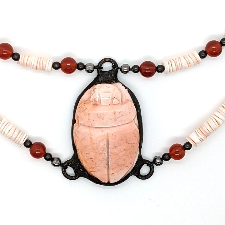 Pink Shell and Carnelian Collar Necklace with Central Clay Scarab à Clef